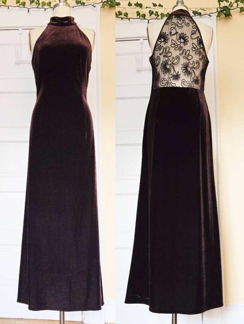 1990s Dave & Johnny brown velvet gown with mock neck, mesh back, sleeveless